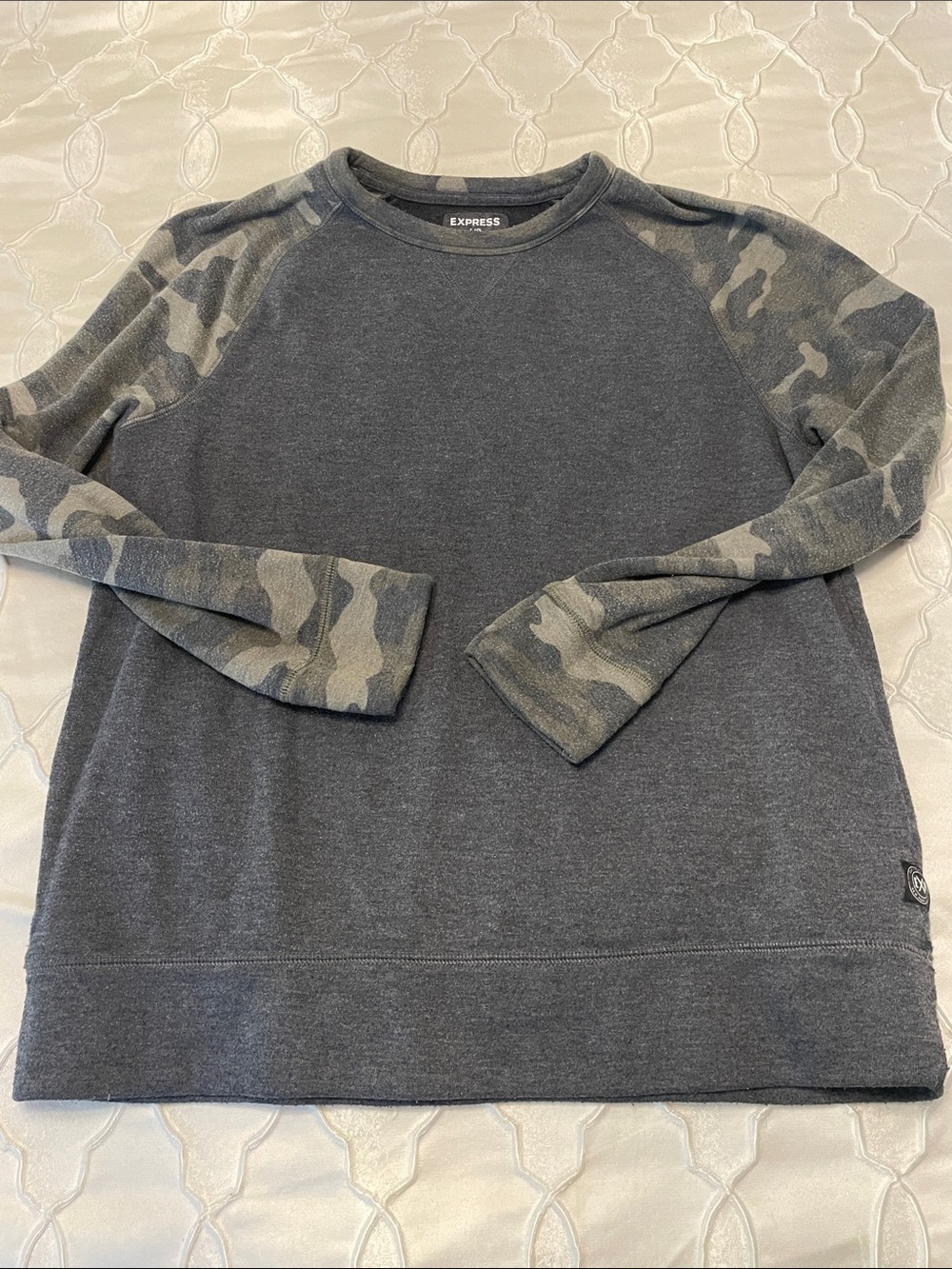 Express Men’s Charcoal Crewneck Sweater with Camo Sleeves